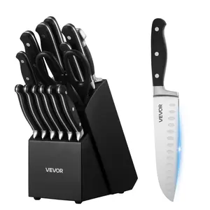 【DealsForYouDays】VEVOR 15-Piece High Carbon Stainless Steel Knives Kitchen Set with Crack-Resistant Handle, Wooden Block, Sharpener and Sharpening Rod for Home Cooks