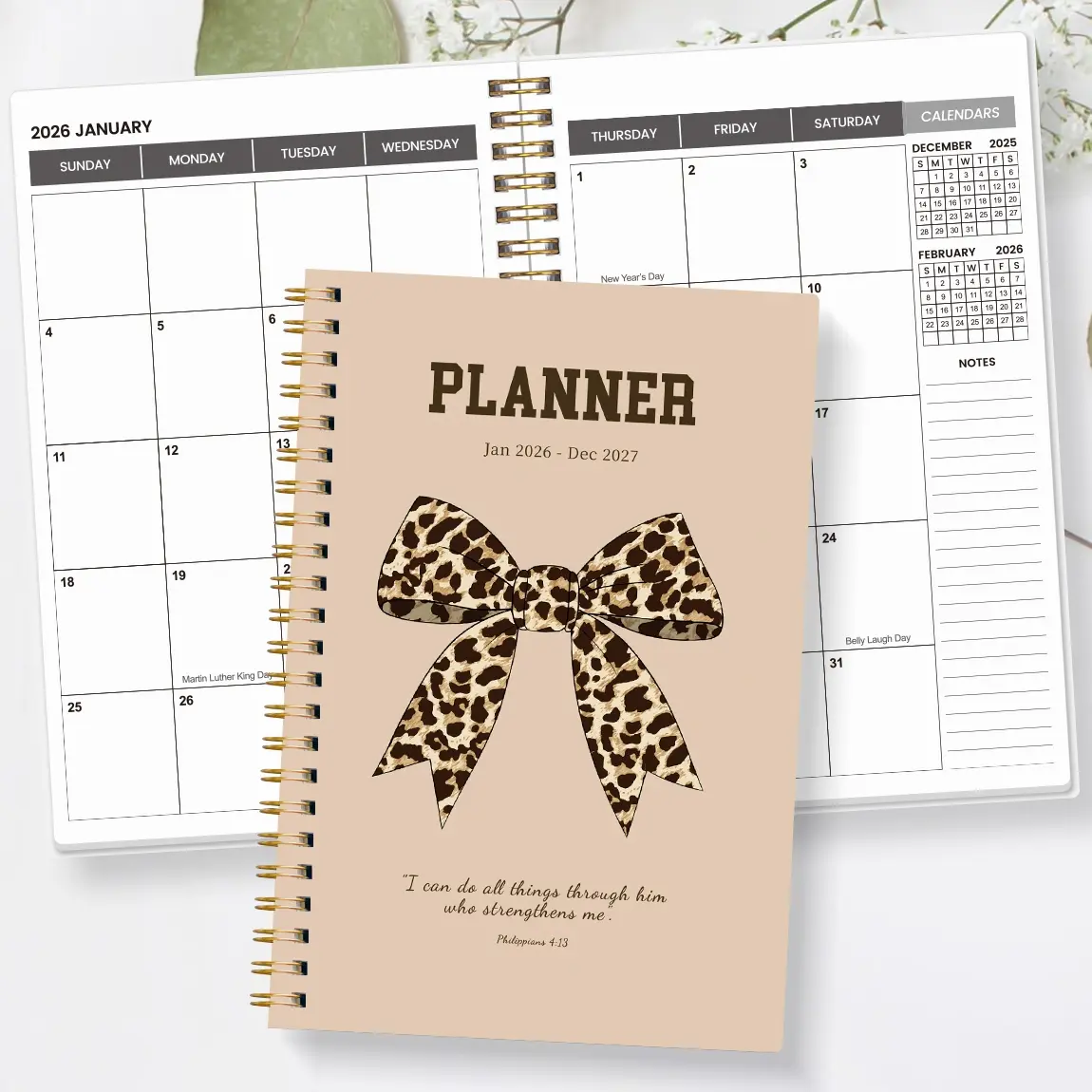 A5 Spiral Bound Monthly Student Academic Planner 2026-2027, Cute Planner, Leopard Print Bow Cover, Christian Bible Journal, Dual Year Calendar Notebook