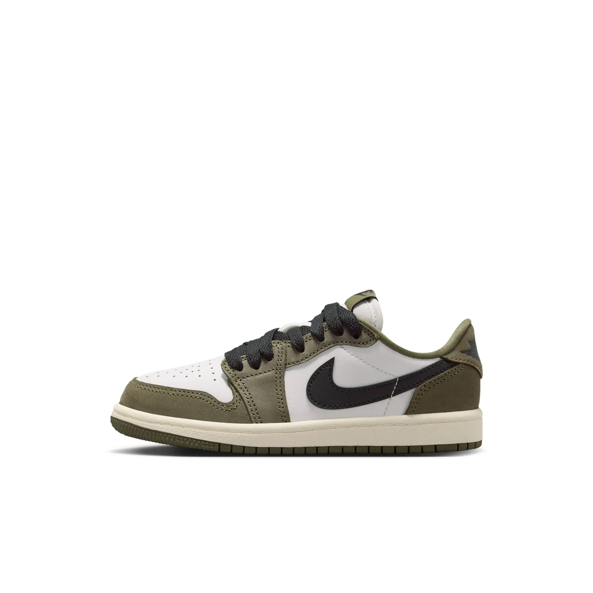 Air Jordan 1 Retro Low Cut "Medium Olive" Preschool Basketball Shoes - Genuine Leather, Color Block, Traction Rubber, All-Season Athletic Shoes for Everyday Wear, Fashionable Sports Shoes, Basketballshoe