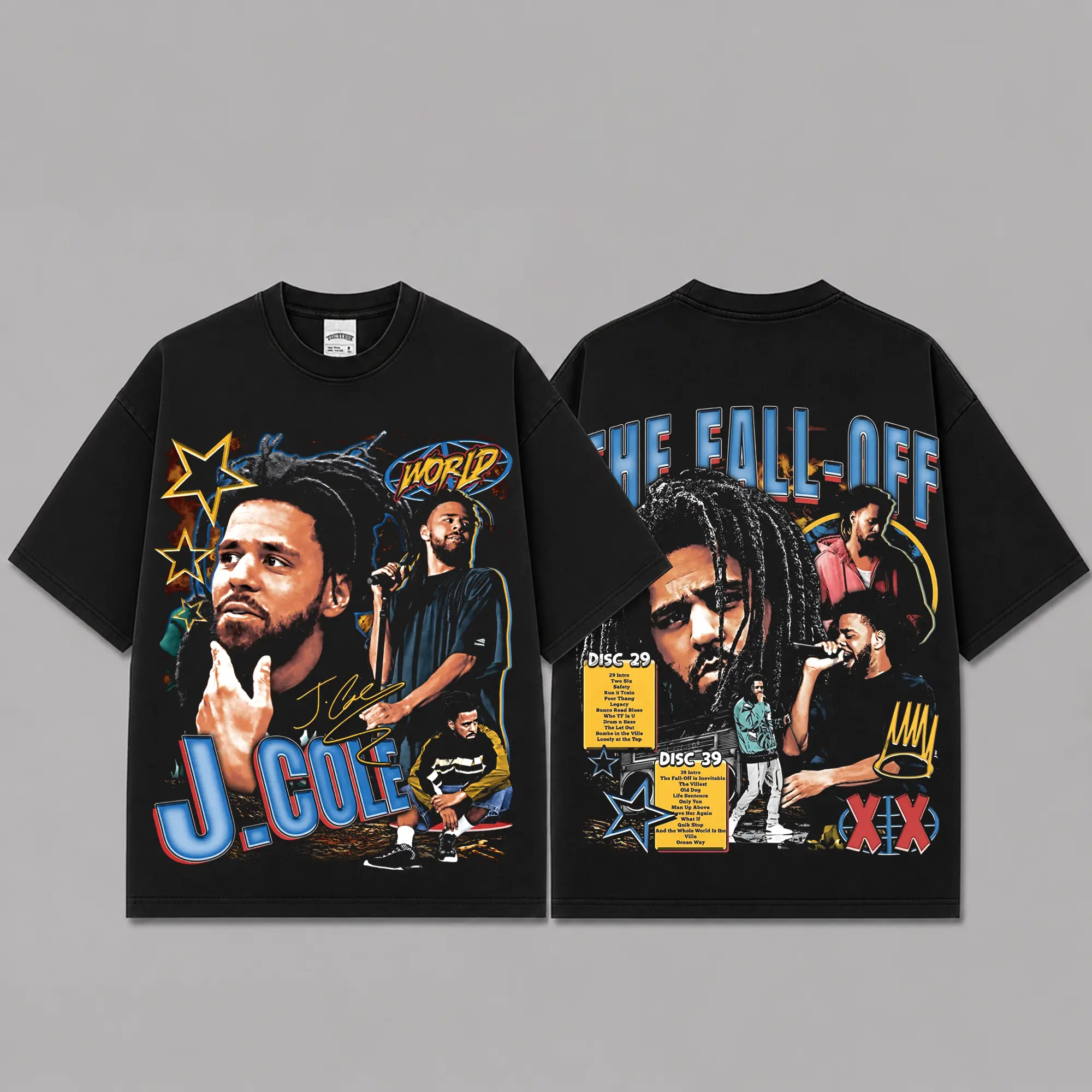 J. Cole The Fall-Off Graphic Premium Cotton T-Shirt, Dreamville Hip Hop Fan Tee, Retro Rap Collage Concert Shirt, Black Oversized Music Streetwear, Double Sided Album Merch