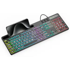 Large Print Backlit Keyboard, WK712 Wired  Keyboards with 7 Colors & 11 Modes Backlight, Tablet Phone Holder and Quiet Light Up , Full-Size Gaming Keyboard for Windows,