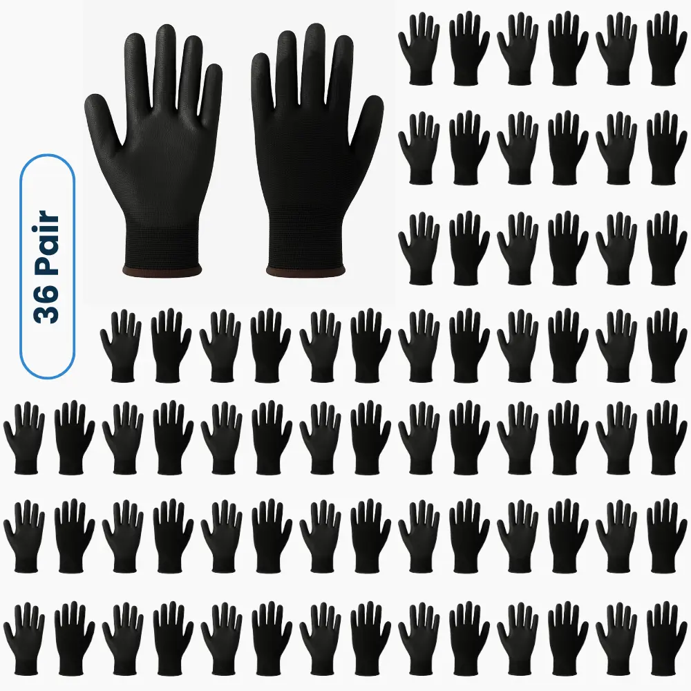PAKNADA 36-Pair 13G Anti-Static PU Palm Coated Gloves – Lightweight Grip, Safety Work Gloves for Electronics, Assembly & Precision Tasks
