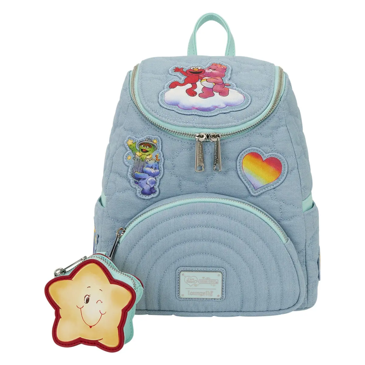 Care Bears x Sesame Street Quilted Denim Mini Rainbow Backpack, Polyurethane Material, with Detach Coin Bag, Quilted Mini Backpack, One Size, Collectibles
