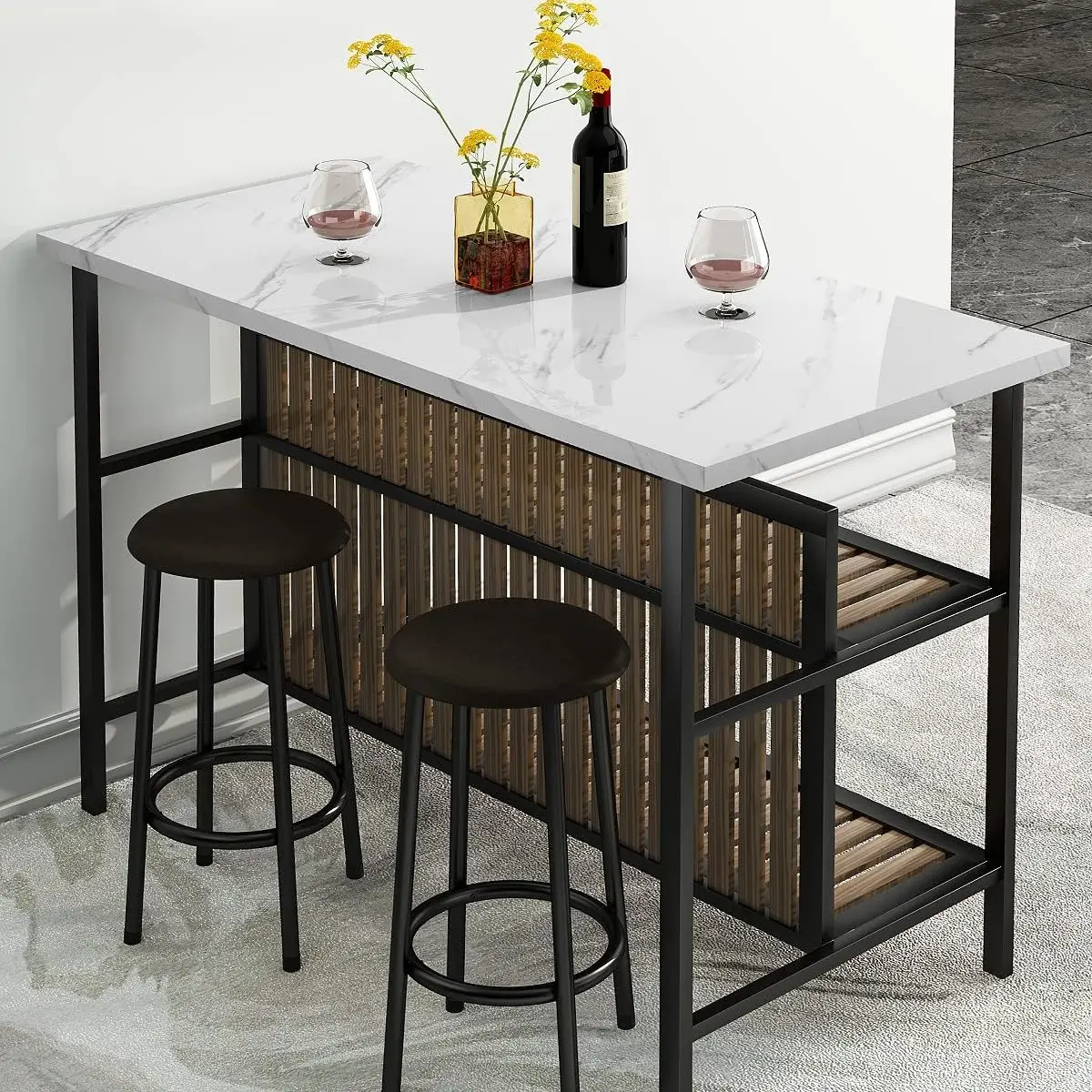AWQM 3-Piece Kitchen Island Set with Storage, Faux Marble Dining Table & Chairs for 2, Small Space, White/Brown/Walnut Furniture Sets