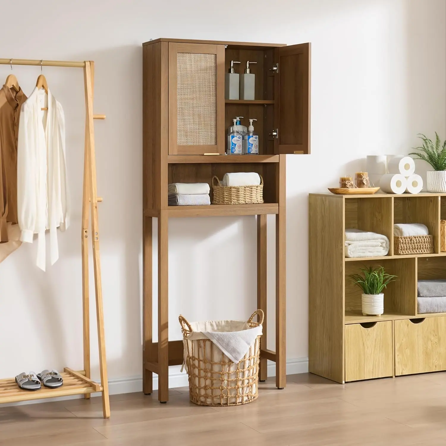 SICOTAS Freestanding Over-The-Toilet Tall Storage Cabinet, Modern Bathroom Organizer with Rattan Door & Adjustable Shelf, Toilet Storage Solution for Bathroom, Laundry Room