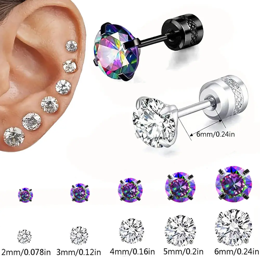 5/10 Pairs Hypoallergenic Titanium Screw Back Earrings for Sensitive Ears Cubic Zirconia Titanium Earring Studs for Women Men Double Side Earrings Piercing Sleeper Studs Jewelry
