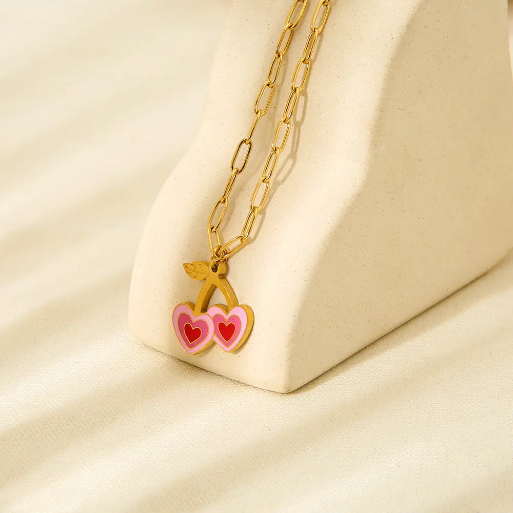 18K Gold Plated Enamel Heart Cherry Pendant Paperclip Chain Necklace, Tarnish Resistant Stainless Steel Dainty Sweet Cute Neck Jewelry for Women Summer Daily Dating Outfit