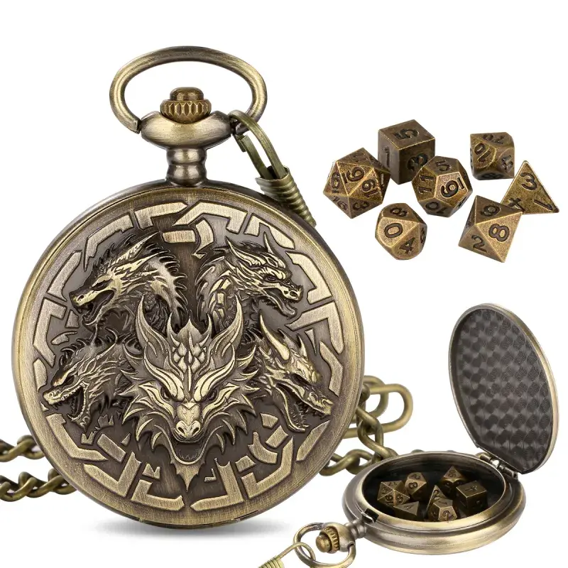 7-Piece Polyhedral Metal Dice Set with 3D Carved Pocket Watch, GZ TJKD Crafts Limited Christmas Tabletop Game Accessory, Gift-Ready Set for Women's Birthday