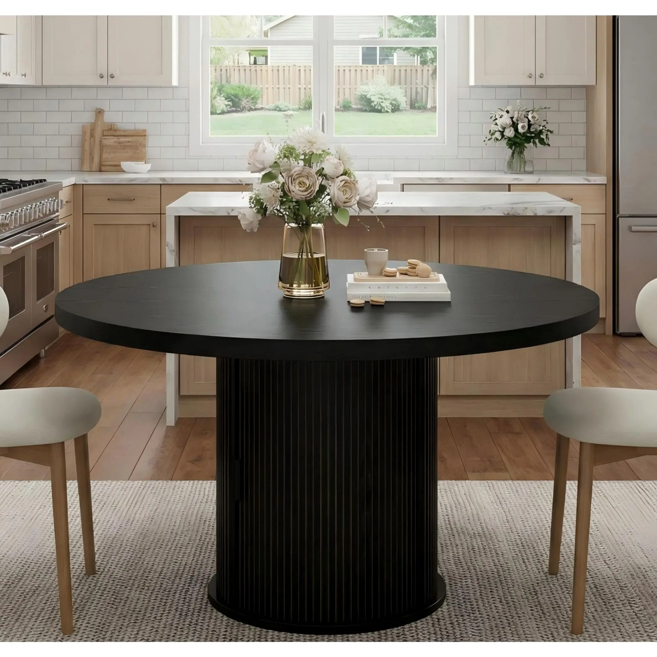 GARVEE 47" Round Dining Table for 4-6, Modern Farmhouse Kitchen Table with 2-Layer Storage Shelf & Drawer, Wooden Circle Dining Tables with Fluted Pedestal Base, Black