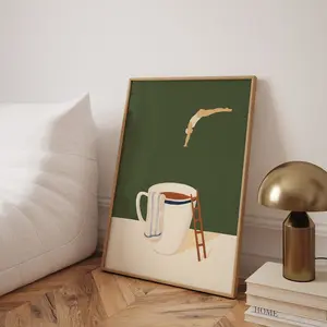 "Coffee Diver" Poster - Whimsical Mid-Century Kitchen Art Unique Retro MCM Decor Poster Unframed, Wall Art Decor