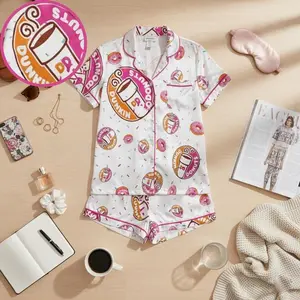 Cafe Drink Satin Pajamas Women, Beverage Print Sleepwear Set, Soft Short Sleeve Loungewear, Cozy Gift Idea for Latte Enthusiasts