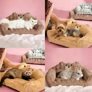 Lesure Teddy Bear Sofa for Small Pets - Valentine’s Day Gift for Fluffy & Warm Cute Couch for Indoor Cats, Fuzzy Cat Sofa with Removable Washable Cover, Supportive Pet Chair with Cute Teddy Bear Design, Perfect for Autumn & Winter Home