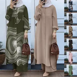 Women's Eid al Fitr Muslim Ramadan Muslim suit solid color shirt wide leg pants Islamic clothing two-piece set Dubai Kaftan prayer suit plus size casual wear