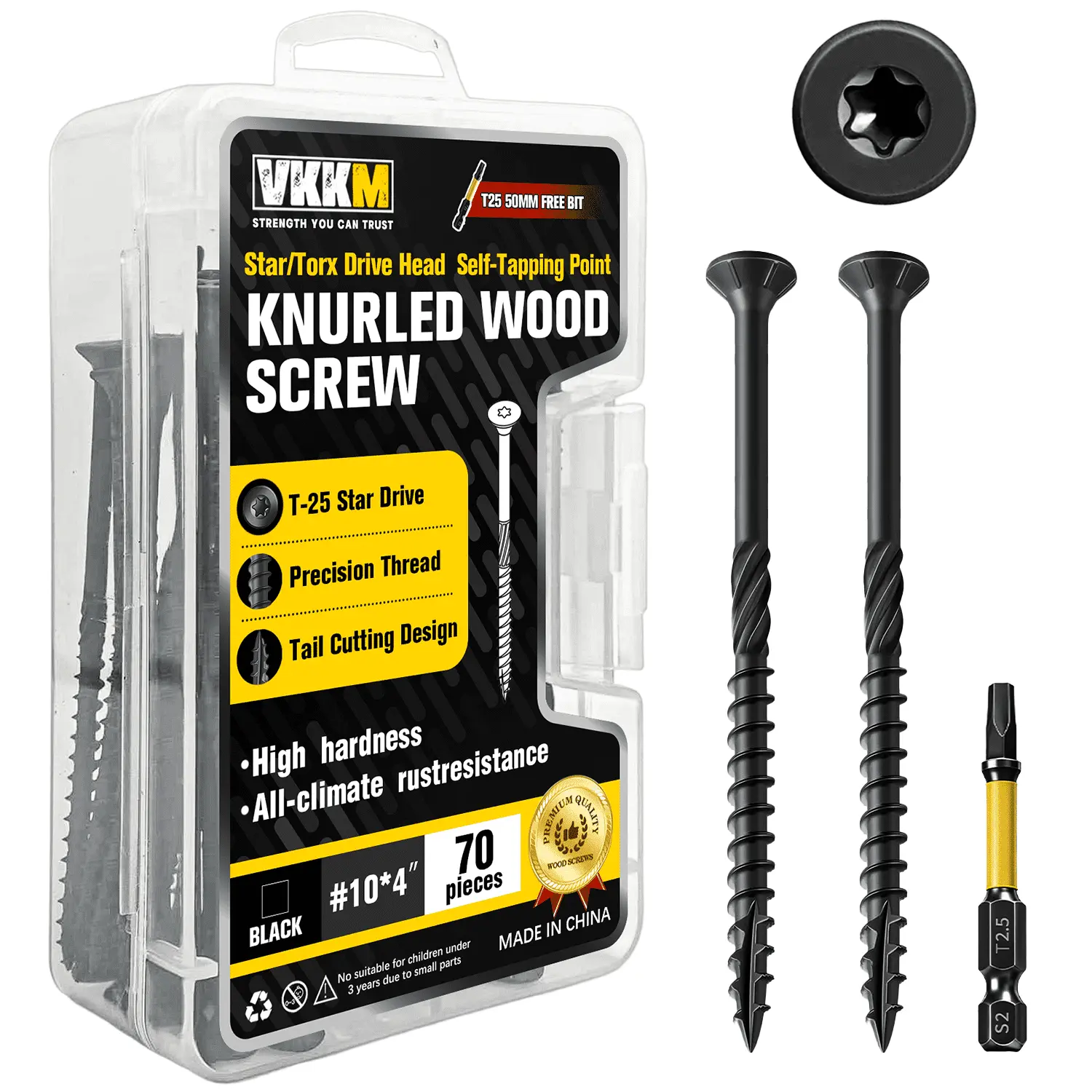 VKKM 70Pcs #10 x 4 Inch Black Torx Knurled Wood Screws, All-Weather Anti-Rust Self Tapping Fasteners with Free T25 Bit for Outdoor Decking, Fencing & Exterior Wood Construction Projects