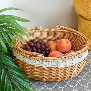 Handmade Bamboo Storage Basket, Multi-Purpose Organizer, Floral Bottom Design, Rural Style, Perfect for Bouquets and Picnics