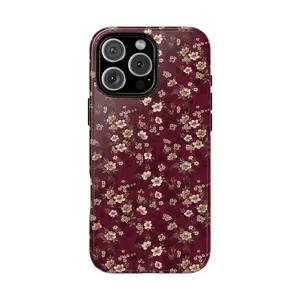 Vintage Floral Tough Phone Case, Burgundyy Red Flower Protective cover, gift for him for her, aesthetic phone cover