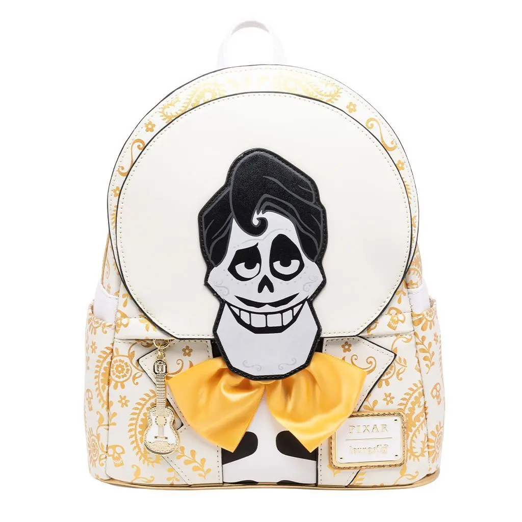 Loungefly Disney Pixar Coco Ernesto de la Cruz Cosplay Mini Backpack, Female Faux Leather Bag with Gold Foil, Satin Bow, and Zip Closure, Casual Wear, Mini Backpack Purse, Campus Life