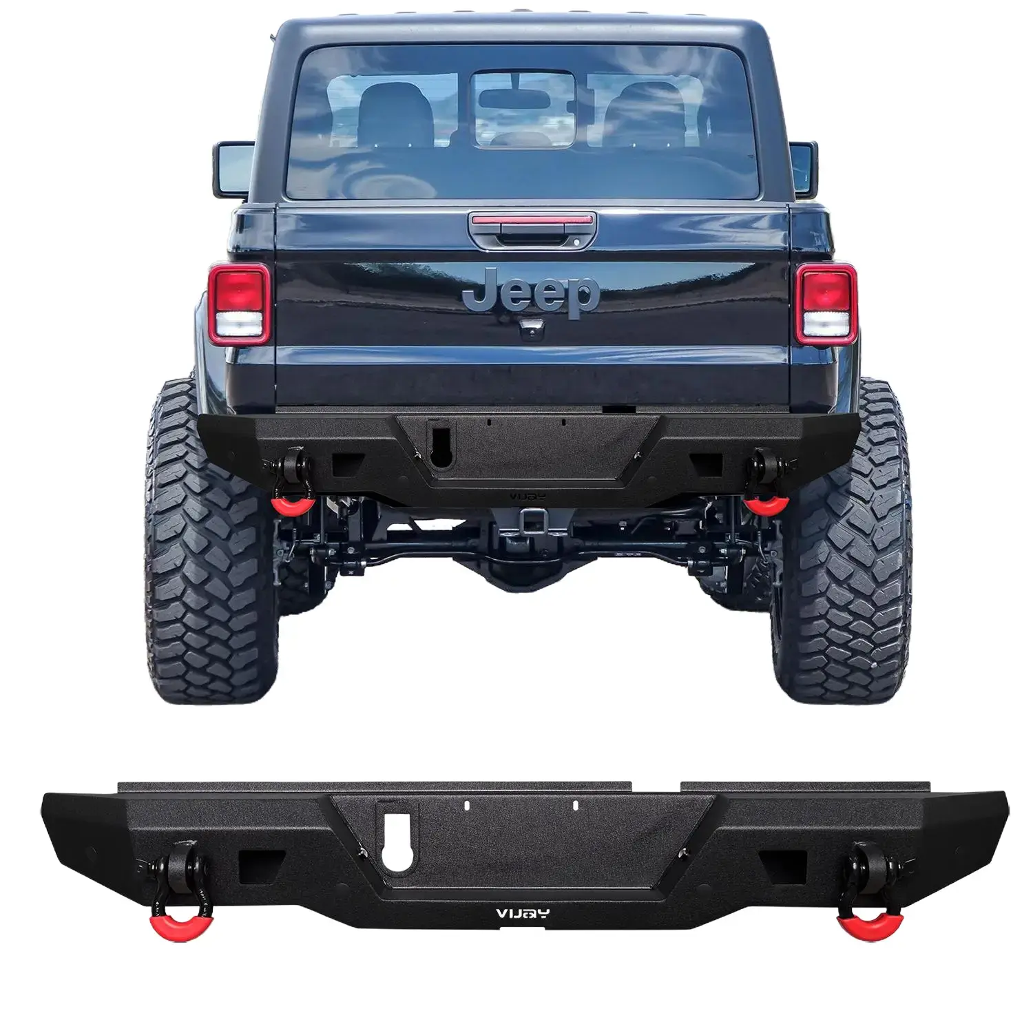 Vijay Textured Black Steel Rear Bumper Truck Part for 2020-2025 Jeep Gladiator JT Vehicle, Equipped with Winch Plate, LED Lights, 2 D-Rings, D-Ring Slots, Textured Look, Ideal for Off-Road Use with Simple Screw Installation