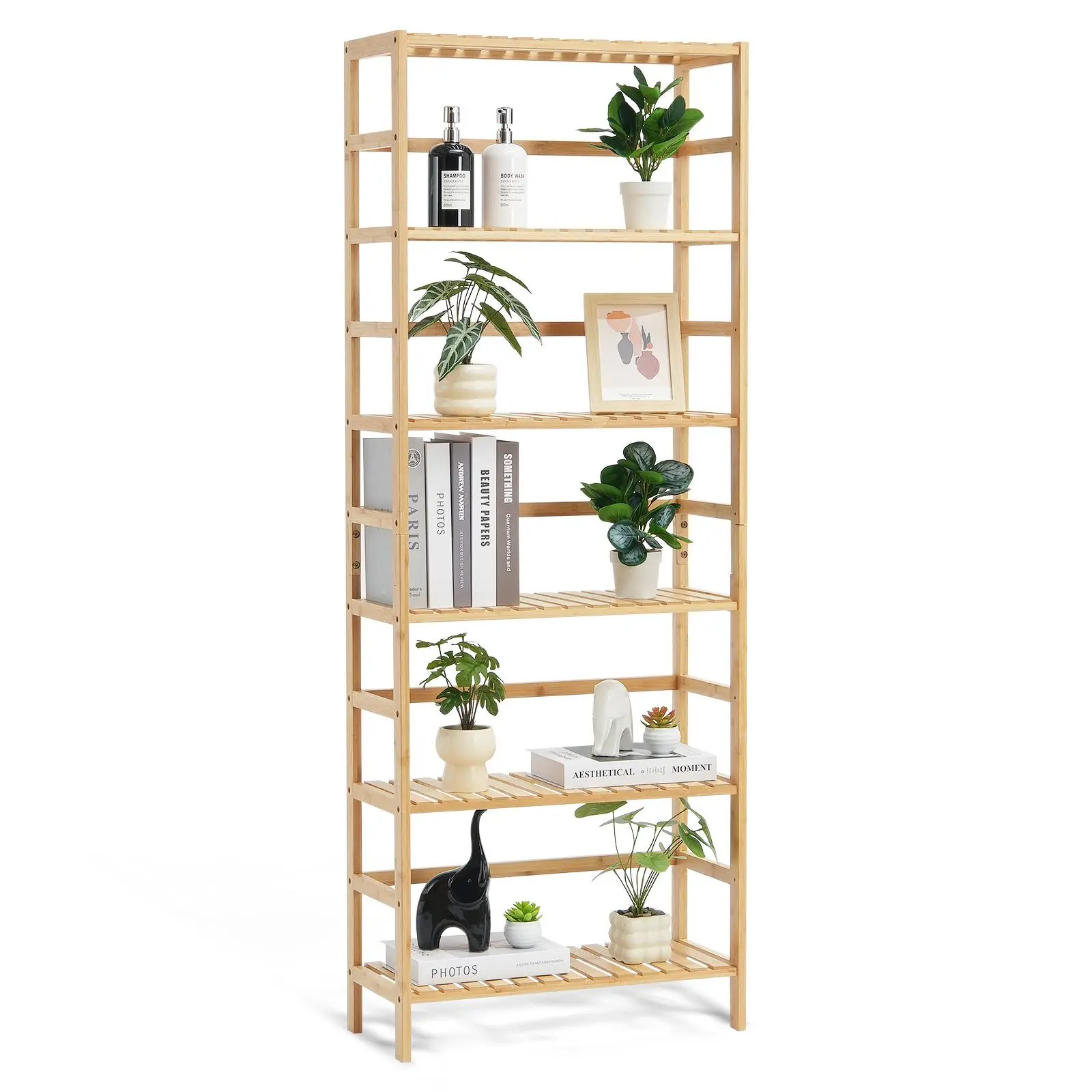 VEVOR 6-Tier Bamboo Shelf,  , Open Wood Bookshelf, Display Storage Rack Organizer, Freestanding Flower Plant Stand, Multifunctional Bamboo Bookshelf Ideal for Bathroom, Bedroom, Office, Study, Natural#BacktoSchool