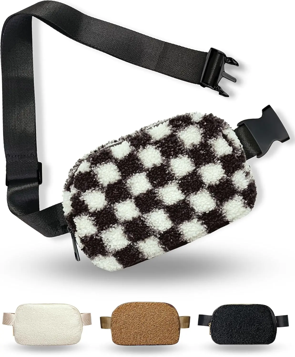 Boutique Fleece Belt Bag | Sherpa Checkered Crossbody Bag Fanny Pack for Women Fashionable | Cute Everywhere  Pack | Small Fashion Bag |  Accessories | Adjustable Small Strap | Black Checker