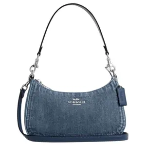 COACH Teri 25 Medium Women's Blue Fabric Shoulder Bag with Silver Chain and Letter Logo