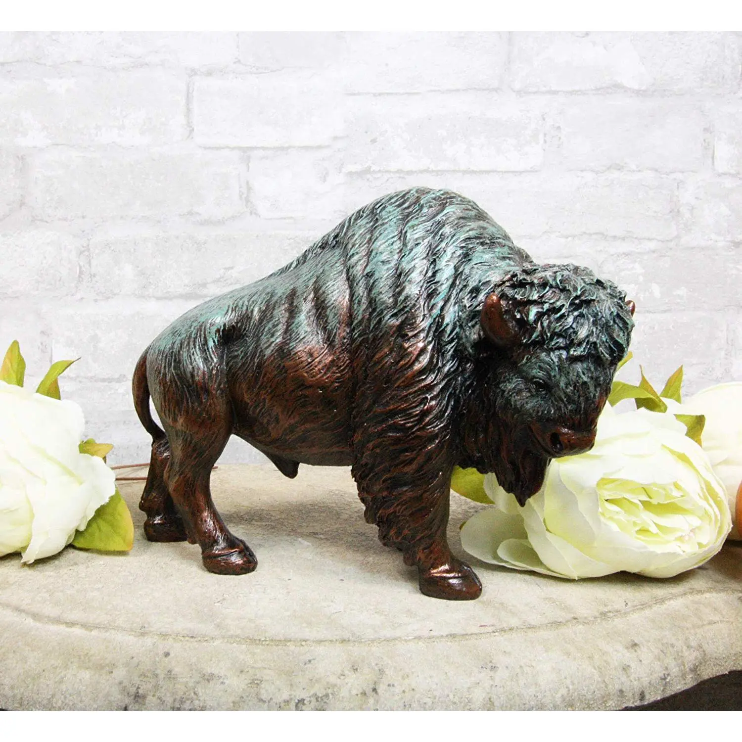 Ebros Gift Native American Bison Buffalo Resin Sculpture Figurine, 8.5" Long Green Patina Faux Bronze Finish, Animal Totem Spirit Symbol of Abundance & Manifestation Home Decor Accent, Decorative Accents Statues