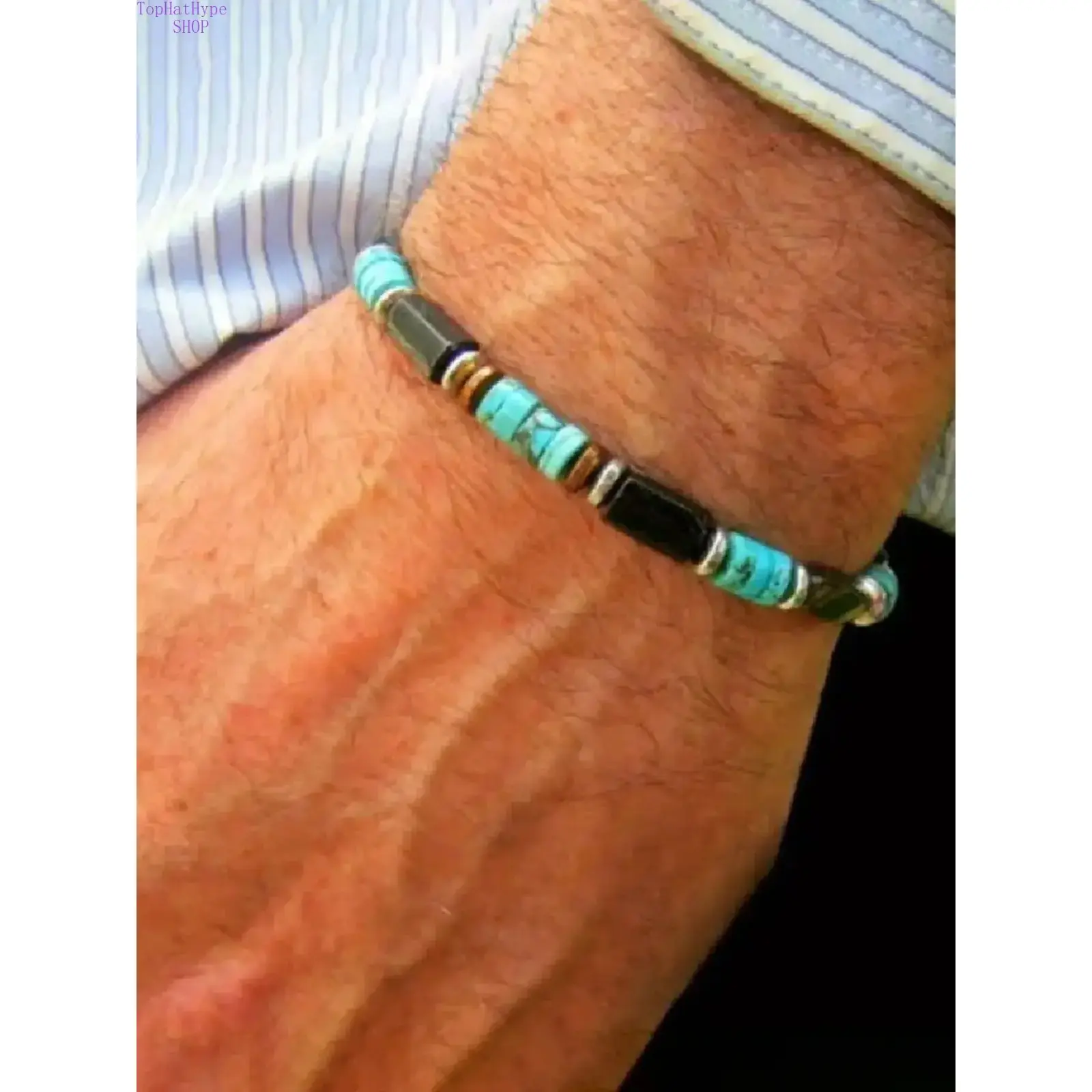Vintage Geometric Stone Beaded Bracelet - Black Agate & Imitation Turquoise, Unisex Handmade Costume Jewelry with Elastic Band, Beaded Construction, Geometric Appeal, Stretch Fit, One Size Fits All Casual Accessory