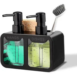 Kitchen Soap Dispenser Set, with Hand and Dish Soap, Sponge  and Brush Holder 4-in-1 Kitchen Dual Soap Dispenser Set for Kitchen Sink, Bathroom - Black