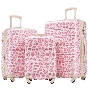 Leopard Print Luggage Sets, 3 Piece Expandable Suitcase Set with Spinner Wheels,Large Checked Travel Suitcases and Carry On Travel Luggage, 100% PC, TSA Lock,Pink