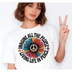 Imagine Peace T-Shirt | Imagine All the People Living Life in Peace Floral Daisy Peace Sign Tee | Hippie Boho Graphic Shirt | Unique Peace Gift for Boho Lovers & Music Fans
