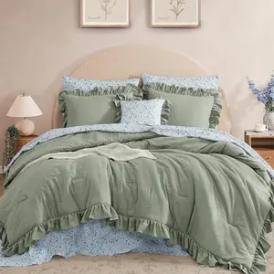 Comforter Set - 7 count Ruffle Sage Green Bedding Sets, Shabby Chic Farmhouse Bed in a Bag  with Ruffle Comforter, Floral Sheets, Pillowcases & Shams