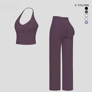 Sporty Two-Piece Set Women’s Plain Crop Cami Top & Flare Leg Pants Sports Set, Sporty Casual Comfy Breathable Two-Piece Outfits for Yoga, Gym, Workout, Running, Gym Workout Clothes