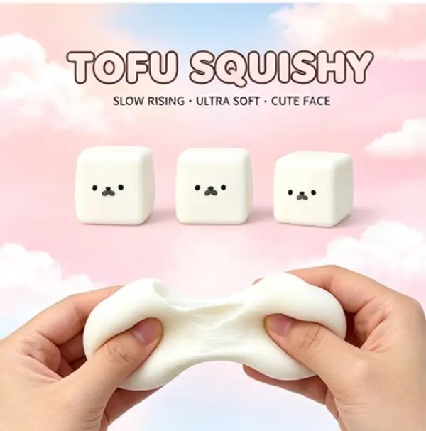 Seal Tofu Squishy, Cute Soft White Cube Stress Relief Toy, Slow Rise Silky Moldable Fidget Block Gift Box Set, Free Gifts: Flocked Seal Keychain & Random Aroma Tablet