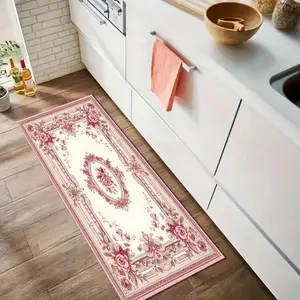 A European Persian-style kitchen rug, Decorative Area Rug, Home Decorative Rugs, with pink and white floral patterns, made of soft diatomaceous earth, suitable for bedrooms, living rooms, kitchens, entrance areas