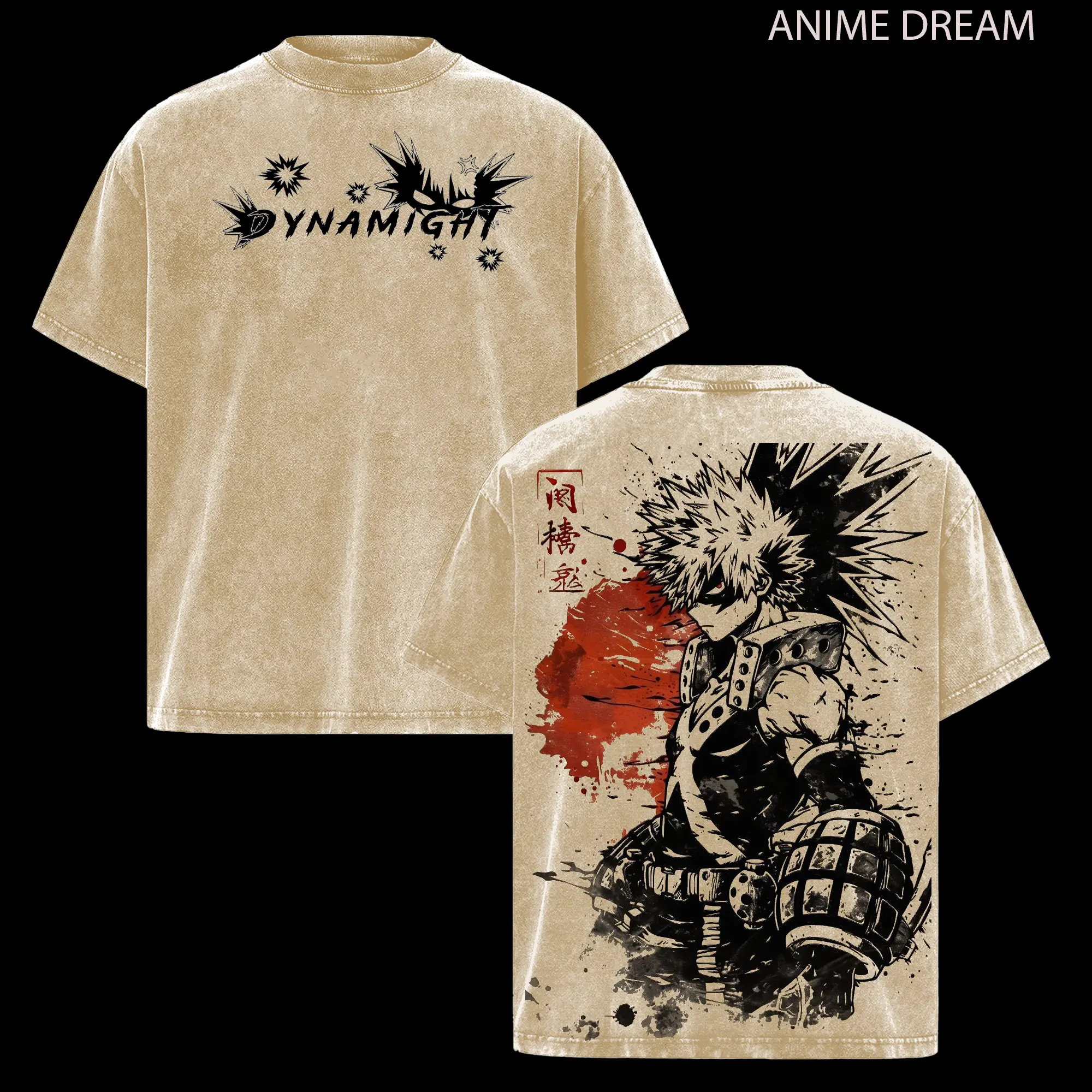 Men's Oversize Katsuki Bakugo My Hero Academia Anime Double Printed Vintage Washed Heavyweight Cotton T-shirt, Loose-Fitting Short Sleeve Crew Neck, All Seasons Casual Classic, 3XL-5XL, Machine Washable, Hang Dry, 4Xl, Tshirt, Top, Menswear, Oversized, To