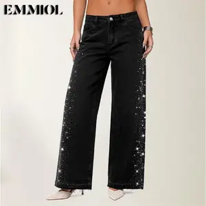 EMMIOL Women's Straight Wide Leg Rhinestone Jeans Trendy High Waisted Sparkly Bling Glitter Denim Pants Boyfriend