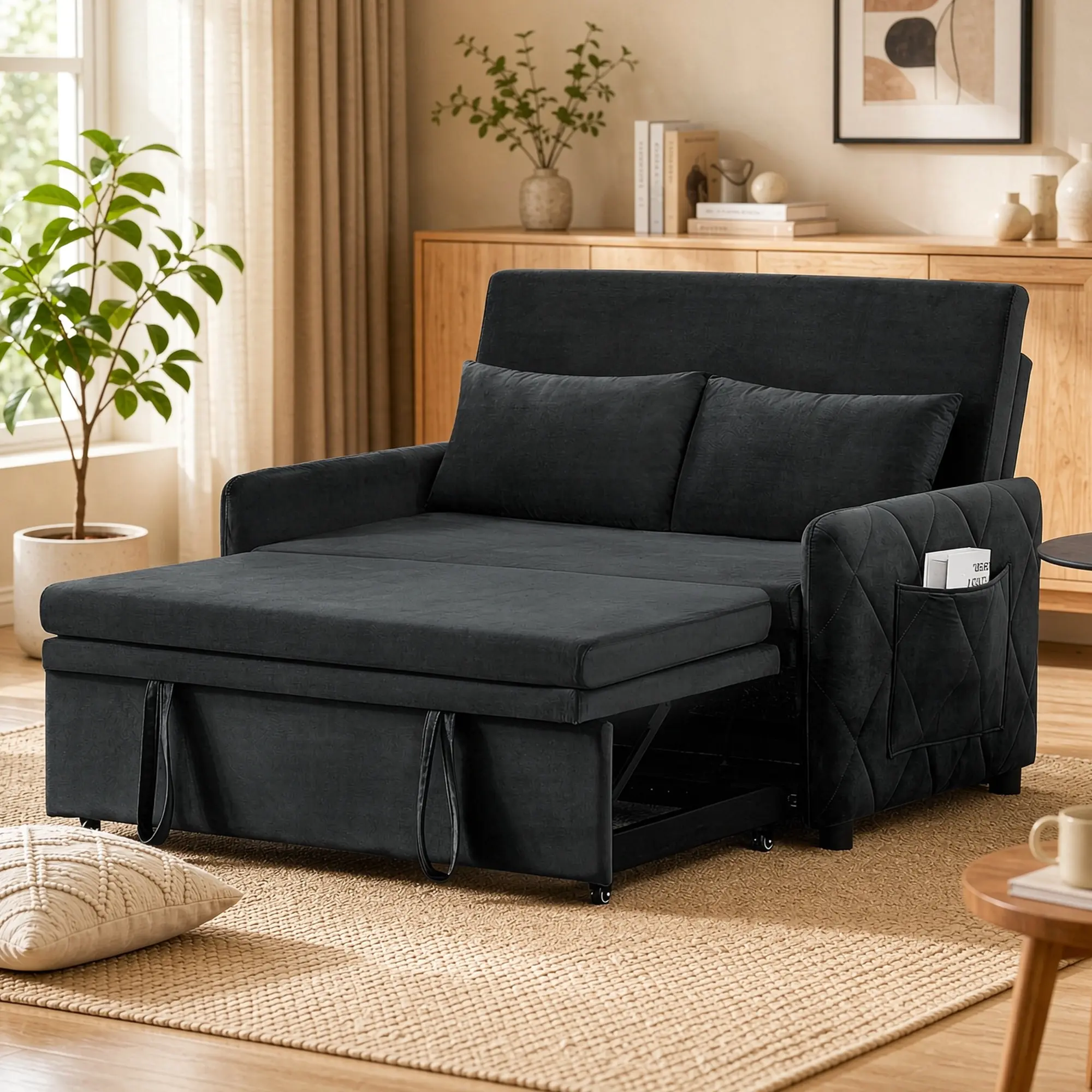 51.2inch Convertible Sleeper Sofa Bed, Velvet Loveseat Couch with Pull Out Bed, Multi-Functional 2 Seat Folding Sofa Couches for Living Room Apartment Small Space, Black