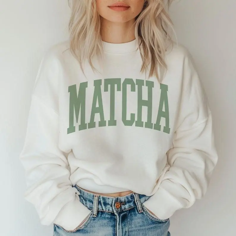 [Sale off up to 50%] Matcha Sweatshirt Unisex, Tea Lover Crewneck, Gift for Matcha Latte Fans and Foodies, Trendy Sweater for Cafe Enthusiasts, Varsity College