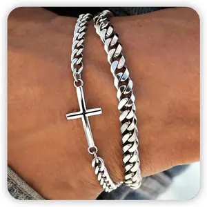 Cross Bracelet for Men, Silver/Gold/Black Mens Cross Bracelets Stack Stainless Steel Cuban Link Chain Bracelet Set Non Tarnish Adjustable Chunky Mens Jewelry Gifts for Men Dad Him Father's Day