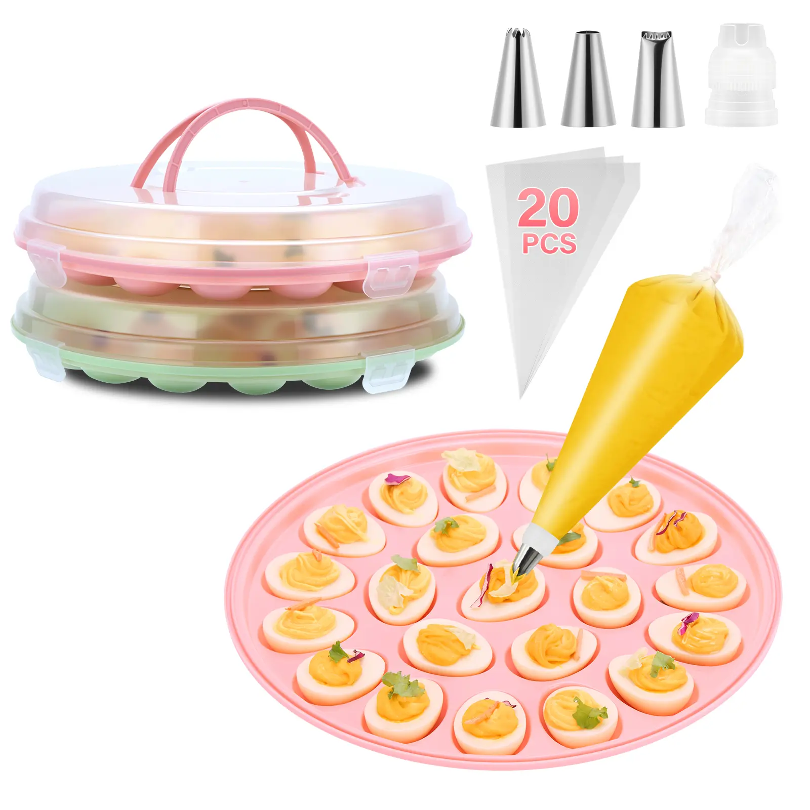 PAHTTO Round BPA-Free PP Plastic Egg Carriers (2 Containers) - Stackable, Snap-Lock Lid, Foldable Handle, Portable, Dishwasher-Safe, Deviled Egg Holder for Fridge Storage, Parties (Bonus Decorating Set, 22-Count Capacity Each)