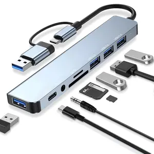 8-In-1 USB Hub, USB C Extender, USB C Interface, Multifunctional USB Splitter with 4 USB Port, Audio Output Adapter, USB Port Adapters Compatible With MacBook Pad Pro Dell HP