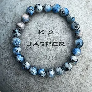 Crystal Beaded Bracelet, 8mm Round Bead K2 Azurite Jasper Stretchy Bracelet for Stacking, Healing Meditation Chakra Balance Protection Yoga Bracelet