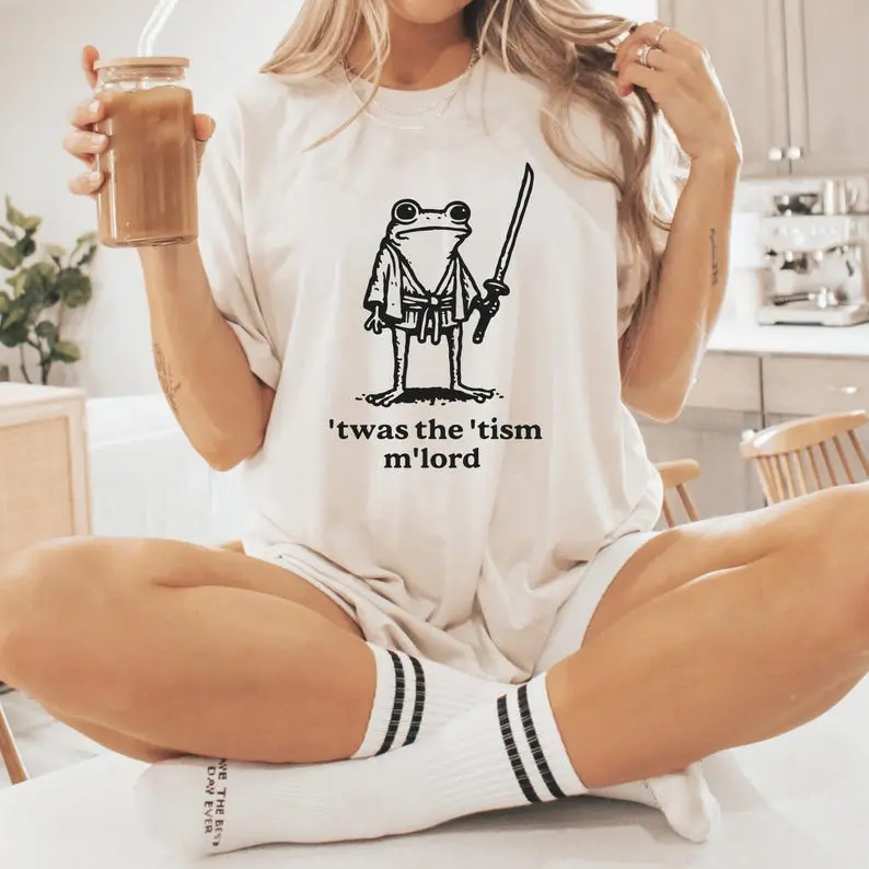 Unisex Short Sleeve Casual Sports Top - Soft Fabric, Pull On, Round Neck, 'Twas The 'tism M'lord' Funny Frog Wizard Meme Print, Vintage Weirdcore Piece, Neurodiversity Support, Vibrant, Machine Washable Casual Wear Gifting Item