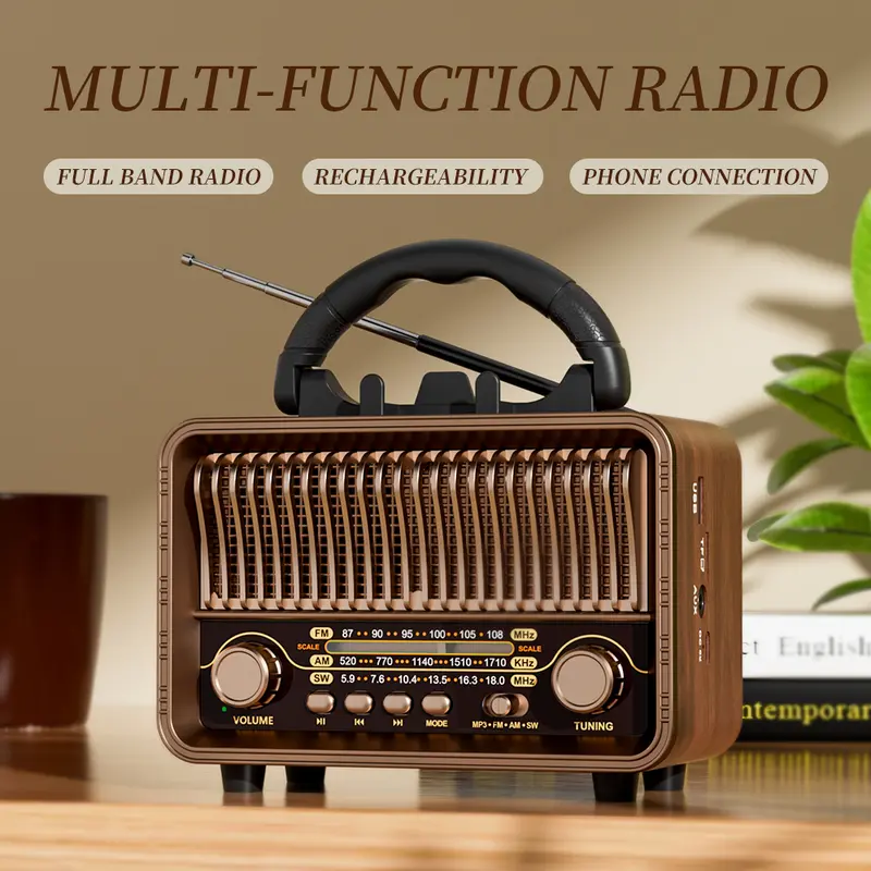 Retro Vintage Portable AM-FM-SW Transistor Radio - Rechargeable/Battery-Powered Bluetooth Speaker with Micro-SD/TF Card, AUX, USB Player - Audio Retro, Wireless Radio & Cassette Players, Vintage Gadgets (Father's Day Gift, Phone Mount Compatible)