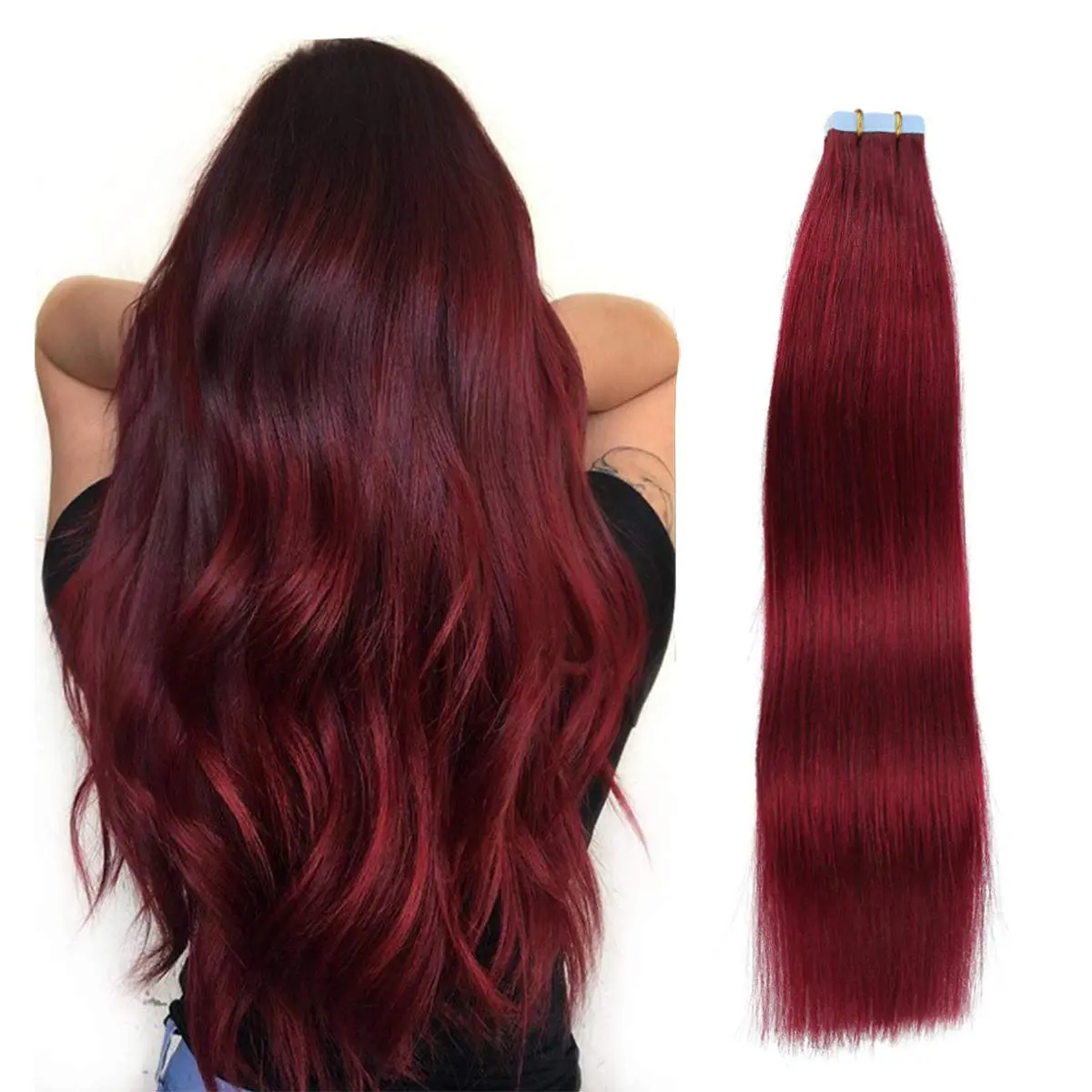 SUYYA Remy Human Hair Tape in Extensions, 99j Wine Red Silky Straight for a Natural Look, 20pcs, 12-28 Inches, Hair Weave Extensions, Extensions Hair