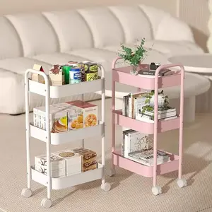 3-Tier Metal Rolling Storage Cart with Desktop, Lockable Wheels & Side Hooks, Multi-Purpose Utility Cart with Cosmetic Organizer, Magnetic Spice Rack & Foldable Basket for Home Office Kitchen Bathroom