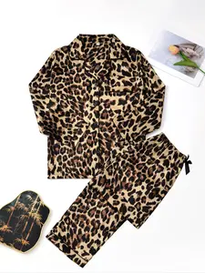 Women's Leopard Print Satin Pajama Set, Long Sleeve Button Front Top & Pants, Fall Winter Sleepwear, Comfortable Home Wear, Loungewear