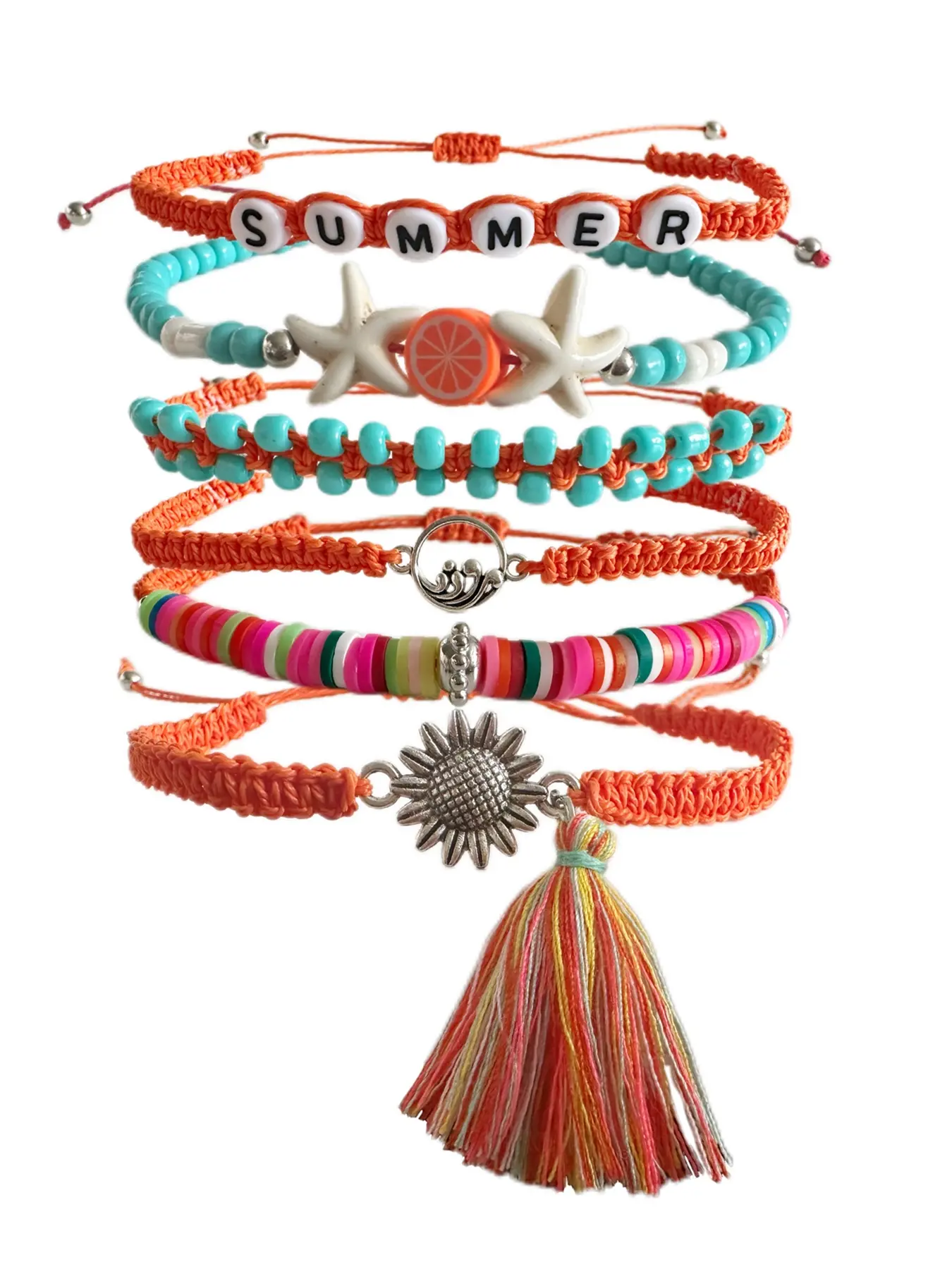 6 Pieces Boho Summer Beach Surfer Wave Bracelet Orange Color Ocean Wave Adjustable Waterproof Handmade Friendship Bracelet Anklet Jewelry for Women Birthday Party Favor