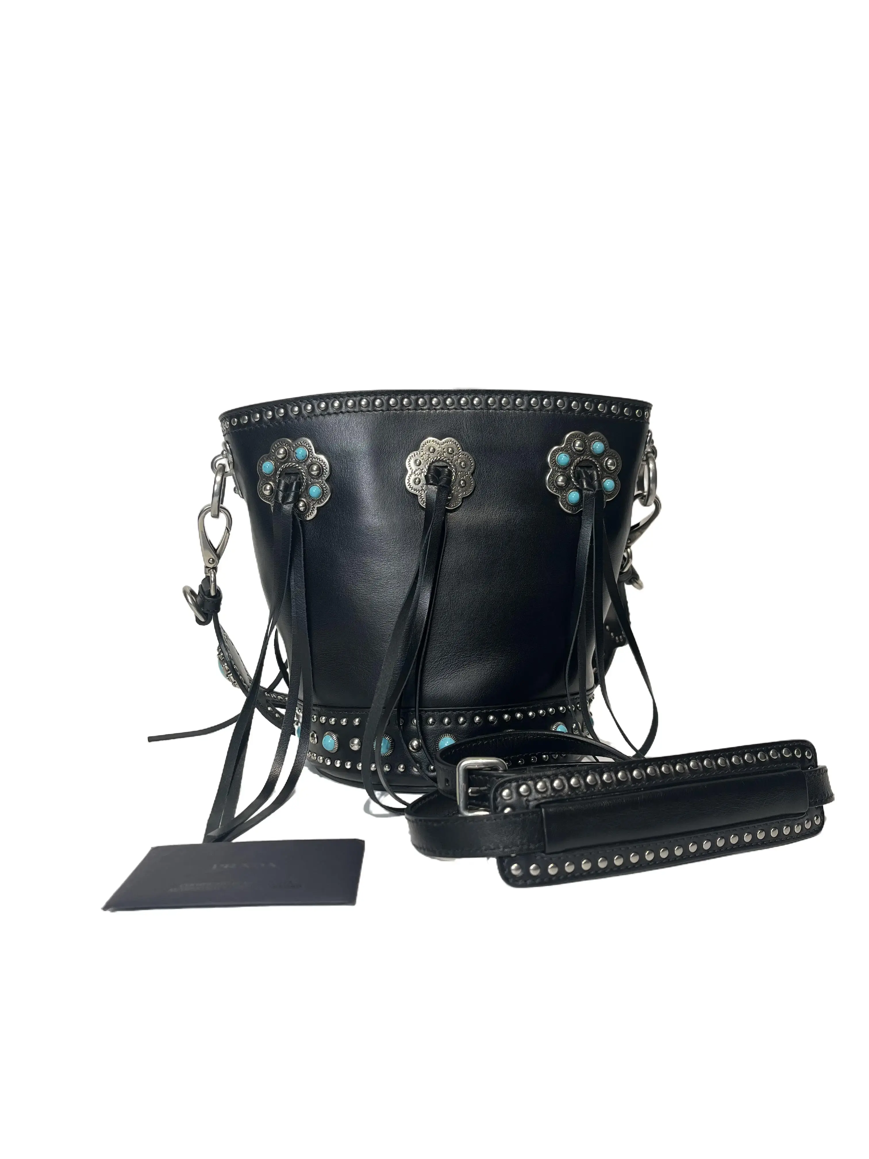 Pre-owned PRADA Archival Western Turquoise Studded Leather Fringe Bucket Bag