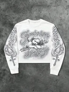 Tiktok Angel Cross Graphic Geometric Shirt, Modern Streetwear, Casual Basic Fitted & Comfortable Home Wear, Long Sleeve Fitted Artistic Angel Print Top